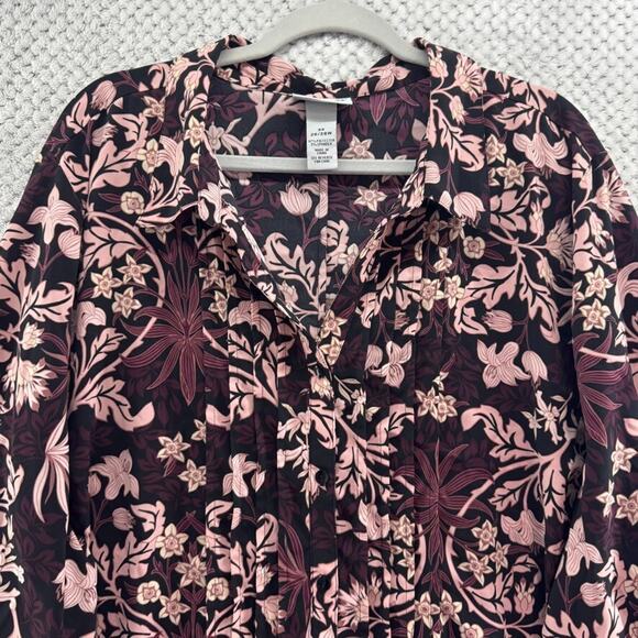 Catherines Top Women 3X Black Pink Floral Pleated Button Up Long Sleeve Collared - Picture 3 of 12